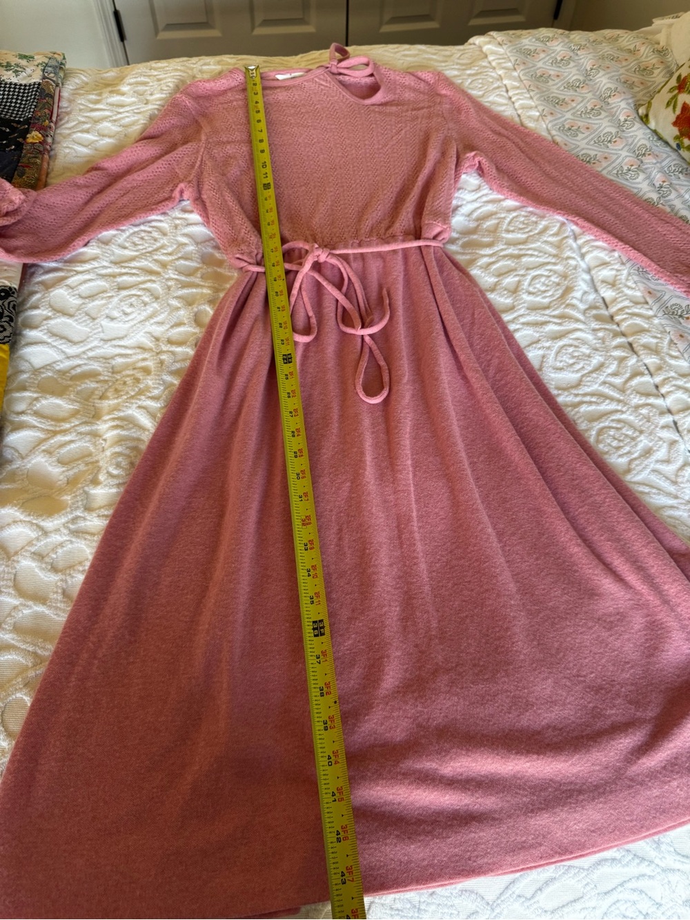 Vintage 70s JCPenney Dusty Pink Prairie Sweater Dress Tie Waist S - Picture 9 of 10